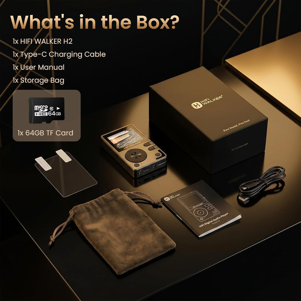 HIFI WALKER H2 Hi-Res Bluetooth MP3 Player with 64GB MicroSD Card, Portable Lossless Digital Audio Player with ESS DAC, DSD FLAC Support, USB DAC, Line Out, Physical Controls, Supports up to 512GB