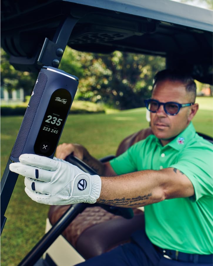 Blue Tees Golf Player+ AI-Powered GPS Speaker - Touchscreen Display, 10+ Hour Battery, 40,000+ Courses, Visual & Audible Distances, Hazard Detection, IPX7 Waterproof (Navy)