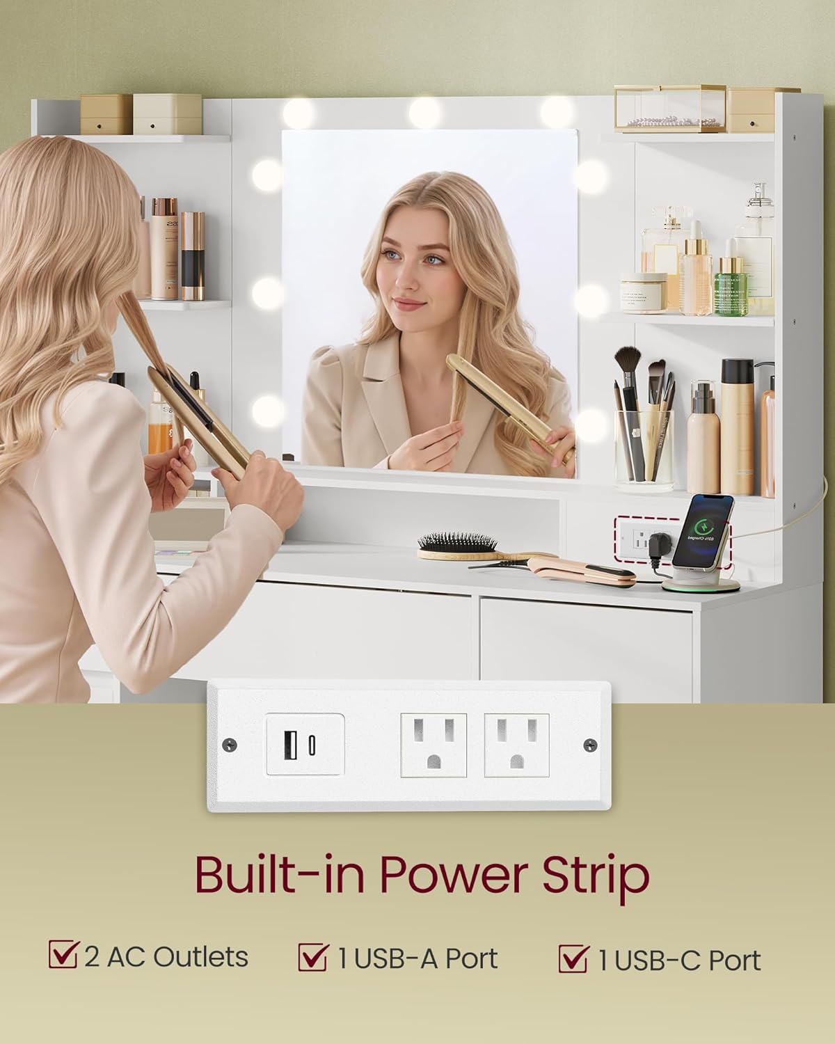 VASAGLE Kailyn Collection - Vanity Desk with Mirror and 9 LED Bulbs, Vanity Makeup Table with Power Outlets, Dressing Table with 9 Drawers, for Bedroom, Cloud White URDT141WB01S