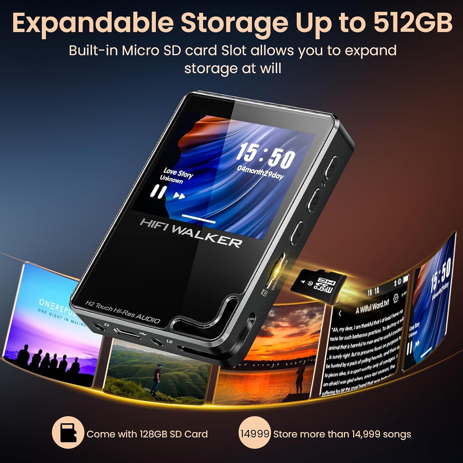 HIFI WALKER Hi-Res MP3 Player with Bluetooth, H2 Touch 2.4" HD Touchscreen, DSD/FLAC Lossless Audio Player, 128GB SD Card Included, Supports up to 512GB