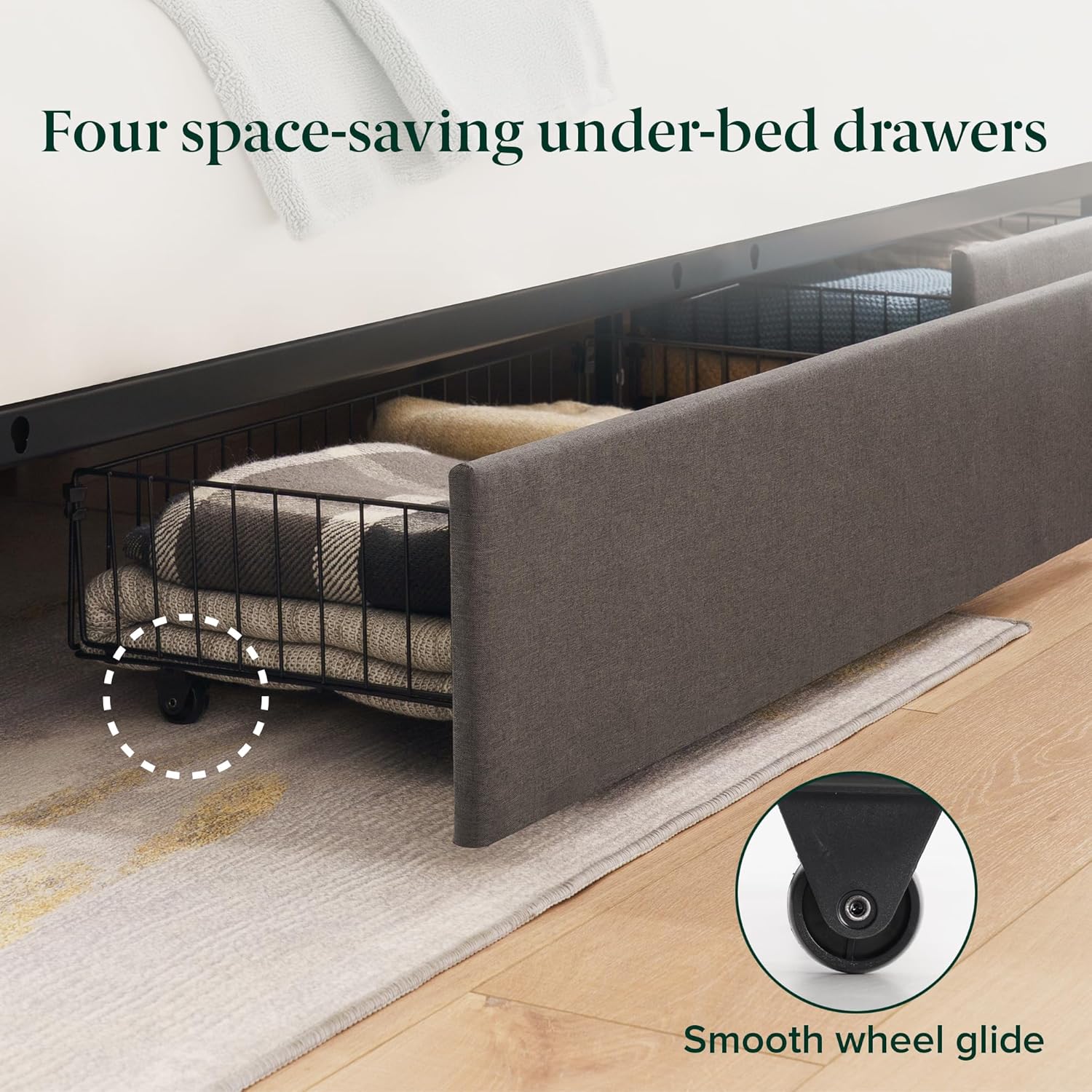 Zinus Billie Platform Bed Frame, Four Underbed Storage Drawers, Height Adjustable Headboard, Upholstered Style, Queen
