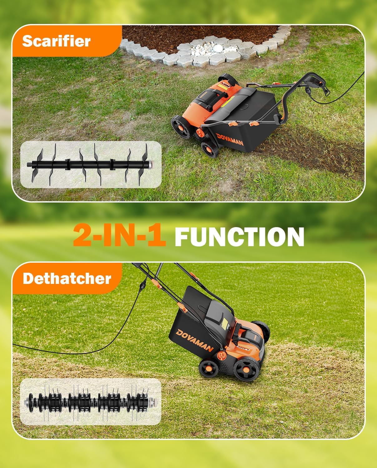 DOVAMAN DS16A 15Amp 16" 2-in-1 Electric Dethatcher and Scarifier, Lawn Dethatcher w/5-Position Depth Adjustment, Quick-Fold, 12 Gal Collection Bag, Yard Trimmer for Gardening Care and Lawn Maintenance