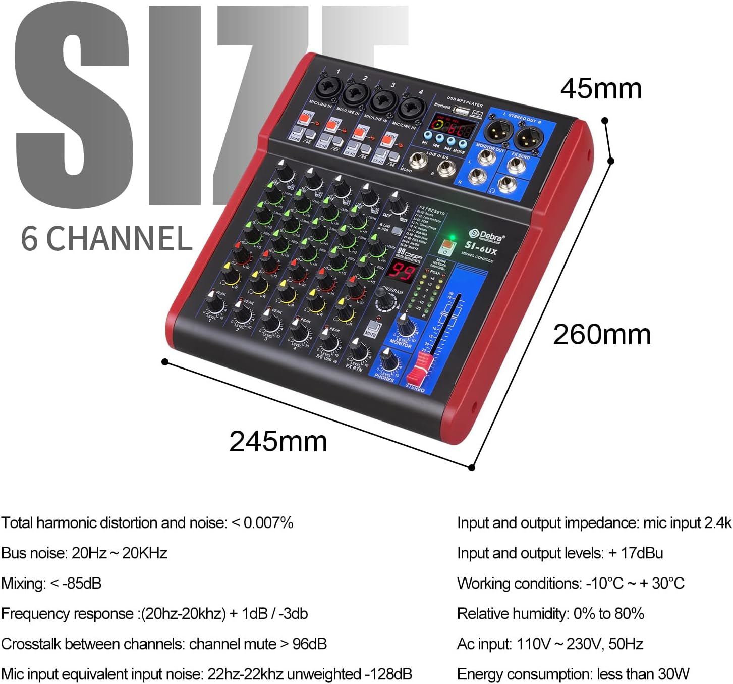D Debra SI Series Professional Portable Recording Mixer Audio with 99 DSP Digital Effects Mic Preamps and USB for DJ Mixer Console Karaoke Home Recording Studio (SI-6UX)