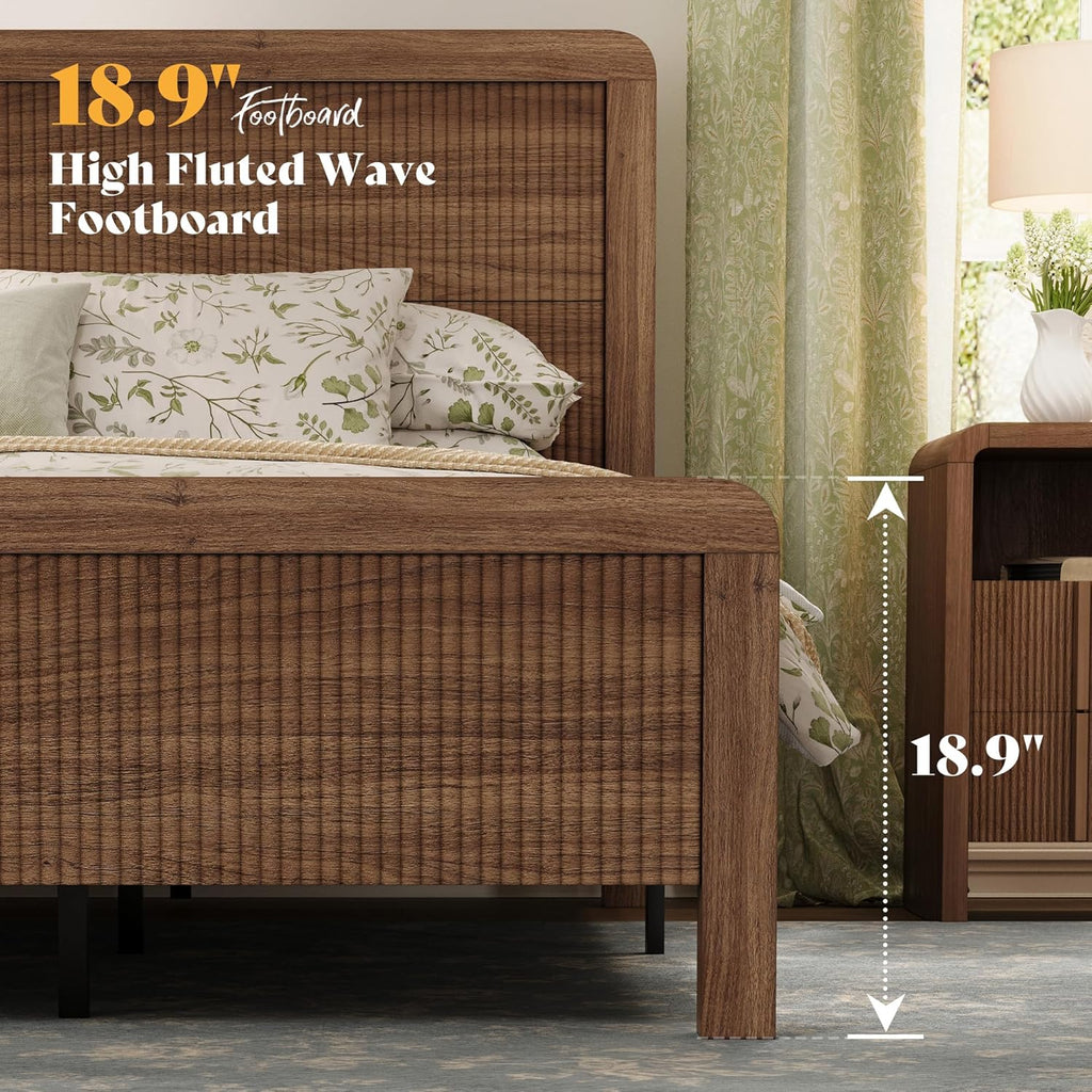 AMERLIFE 3-Piece Modern Fluted Bedroom Furniture Set, Including Wood Full Size Bed Frame with Headboard & Footboard and Storage Night Stand Set of 2, Wooden Bedframe and Nightstand Sets, Walnut