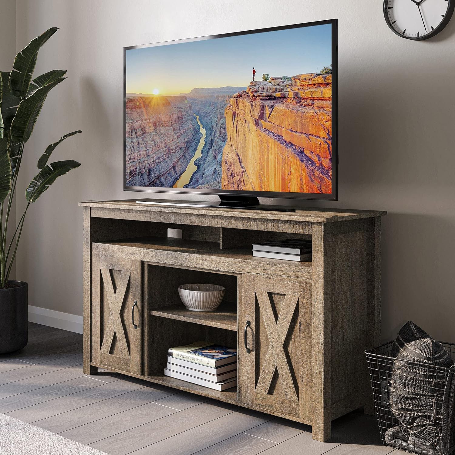 BELLEZE Modern 48 Inch Barn Door Wood TV Stand & Media Entertainment Center Console Table for TVs up to 50 Inches with Two Open Shelves and Cabinets - Corin (Classic Wood)