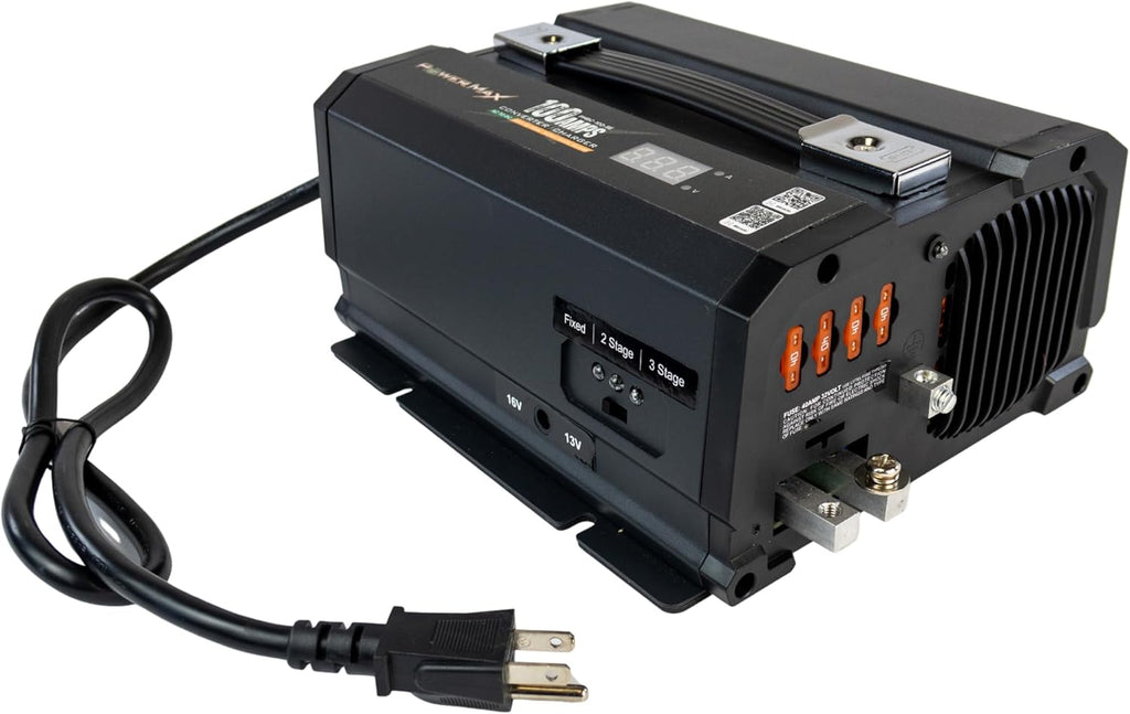 PowerMax PMBC 100 Amp 12V Battery Charger/Maintainer, Flash Reprogrammer & Adjustable Power Supply w/ 15ft Cables, Voltage Display & Mounting Brackets for RV, 12V Car Audio, Boat Motors & LED + House