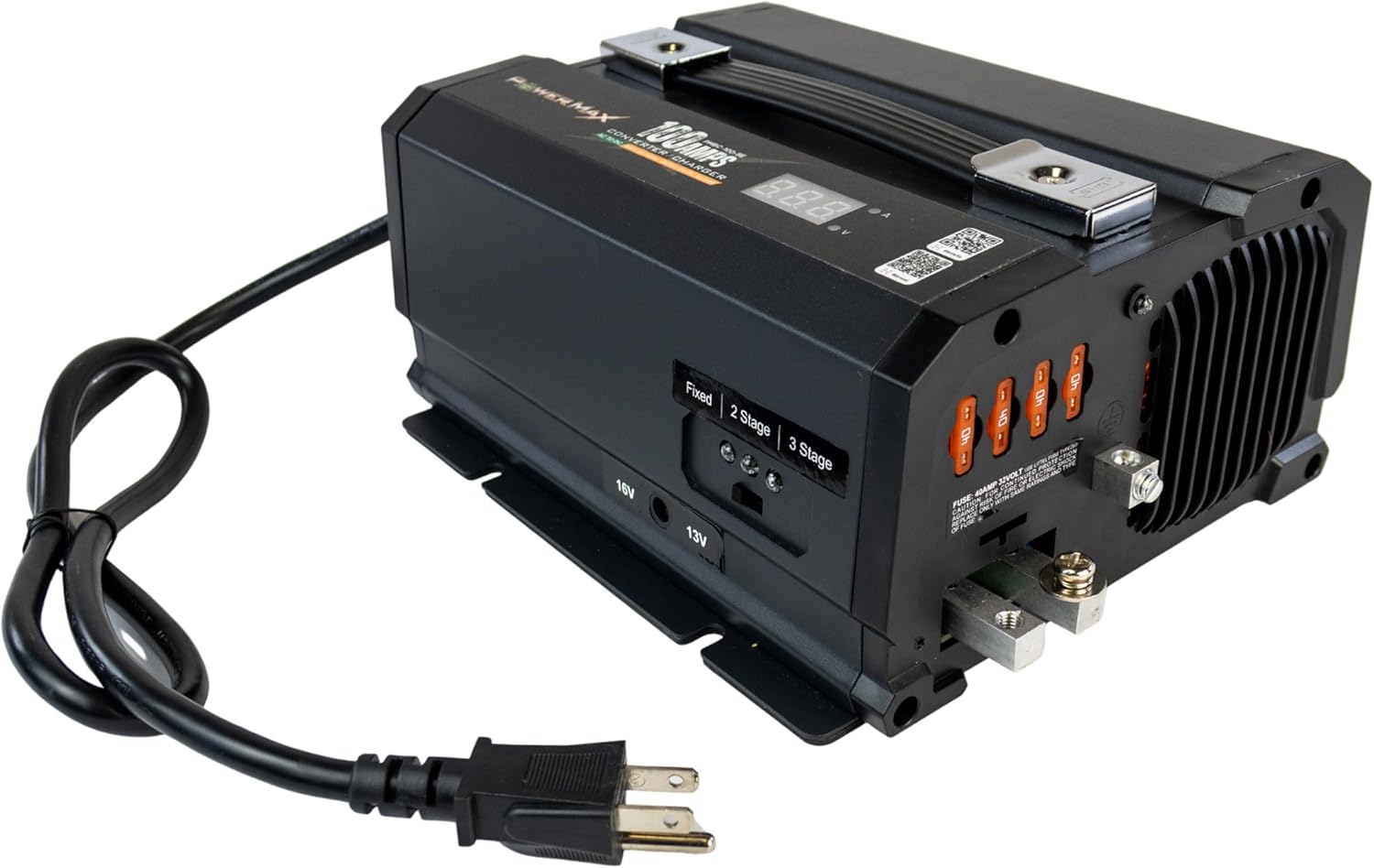 PowerMax PMBC 100 Amp 12V Battery Charger/Maintainer, Flash Reprogrammer & Adjustable Power Supply w/ 15ft Cables, Voltage Display & Mounting Brackets for RV, 12V Car Audio, Boat Motors & LED + House
