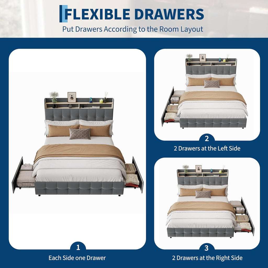 IDEALHOUSE Queen Size Upholstered Bed Frame Fabric with Storage Drawers and LED Lights, Headboard and Frame for Cozy Bedroom Sets Upgrades