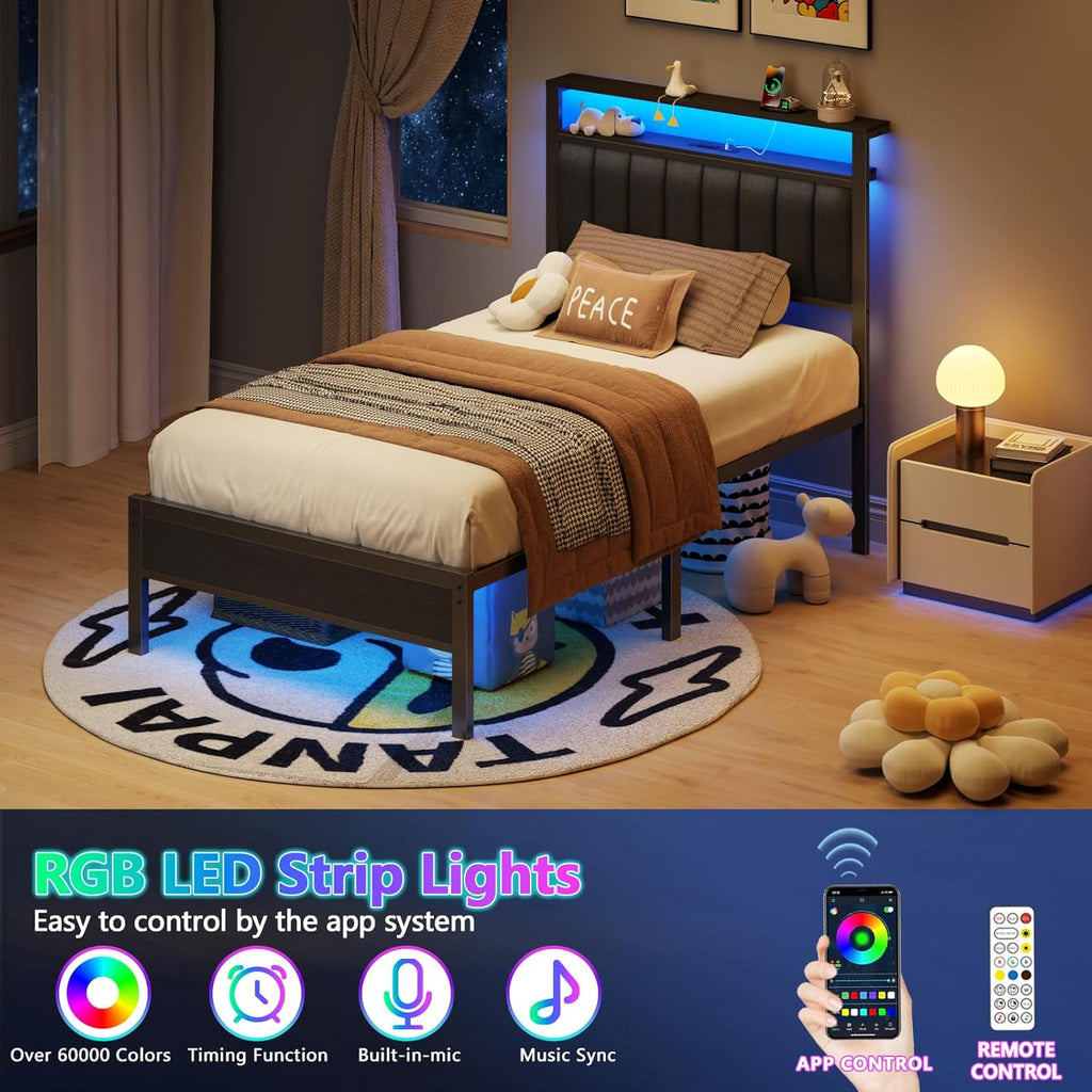 Furnulem Twin Size Bed Frame with Charging Station and LED Lights, Platform Bed with Metal Slats, Grey Upholstered Headboard with 2-Tier Storage Shelves, No Box Spring Needed