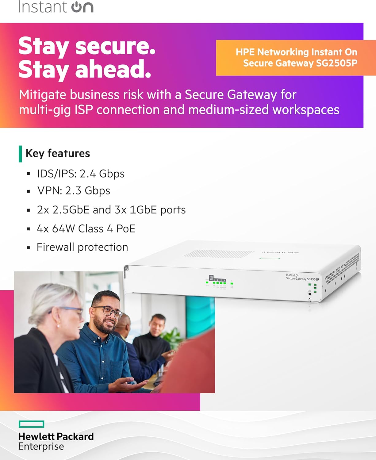 HPE Networking Instant On Secure Gateway SG2505P 5-Port 2.5G Smart-Managed Gateway with PoE, 2X 2.5GBase-T, 3X 1GBase-T, 60W PoE Class 4, US Cord (S0G34A#ABA)