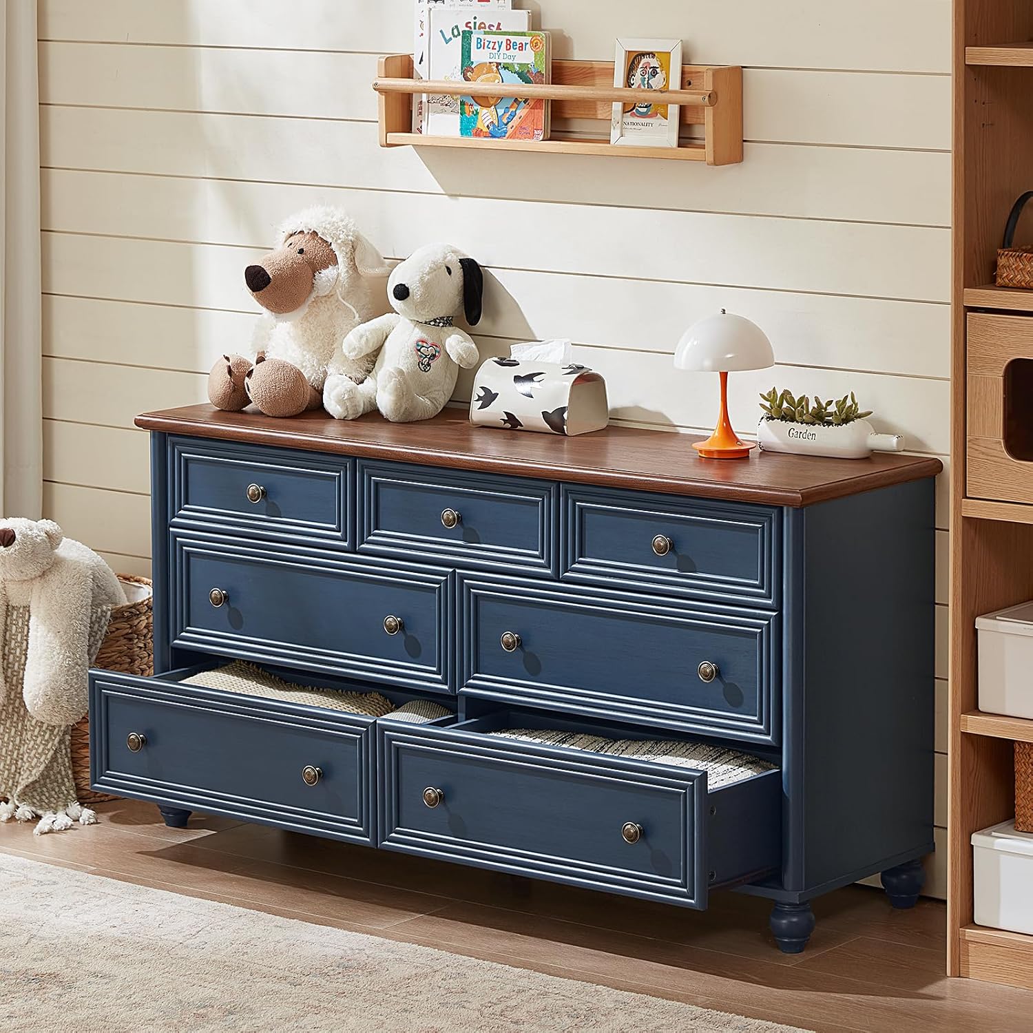 Farmhouse Dressers & Night Stand Set of 4, Wood 54" Wide 7 Drawer Dresser & 43.5" Tall Chest of Drawers, 18"Roman Column Nightstand Set of 2, Bedroom Furniture Dresser Set for Home Living Room Hallway