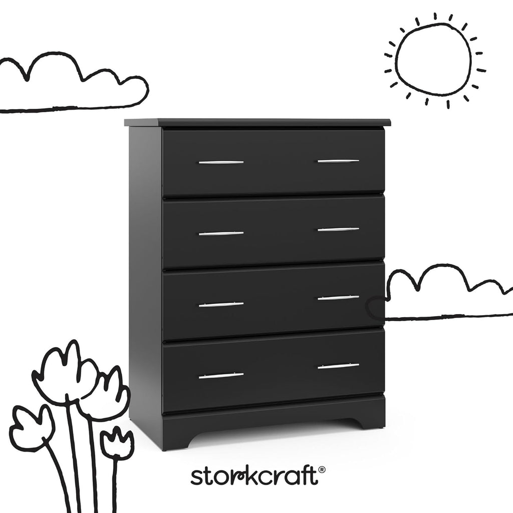 Storkcraft Brookside 4 Drawer Dresser (Black) – GREENGUARD Gold Certified, Nursery Dresser for Kids Bedroom, Chest of Drawers