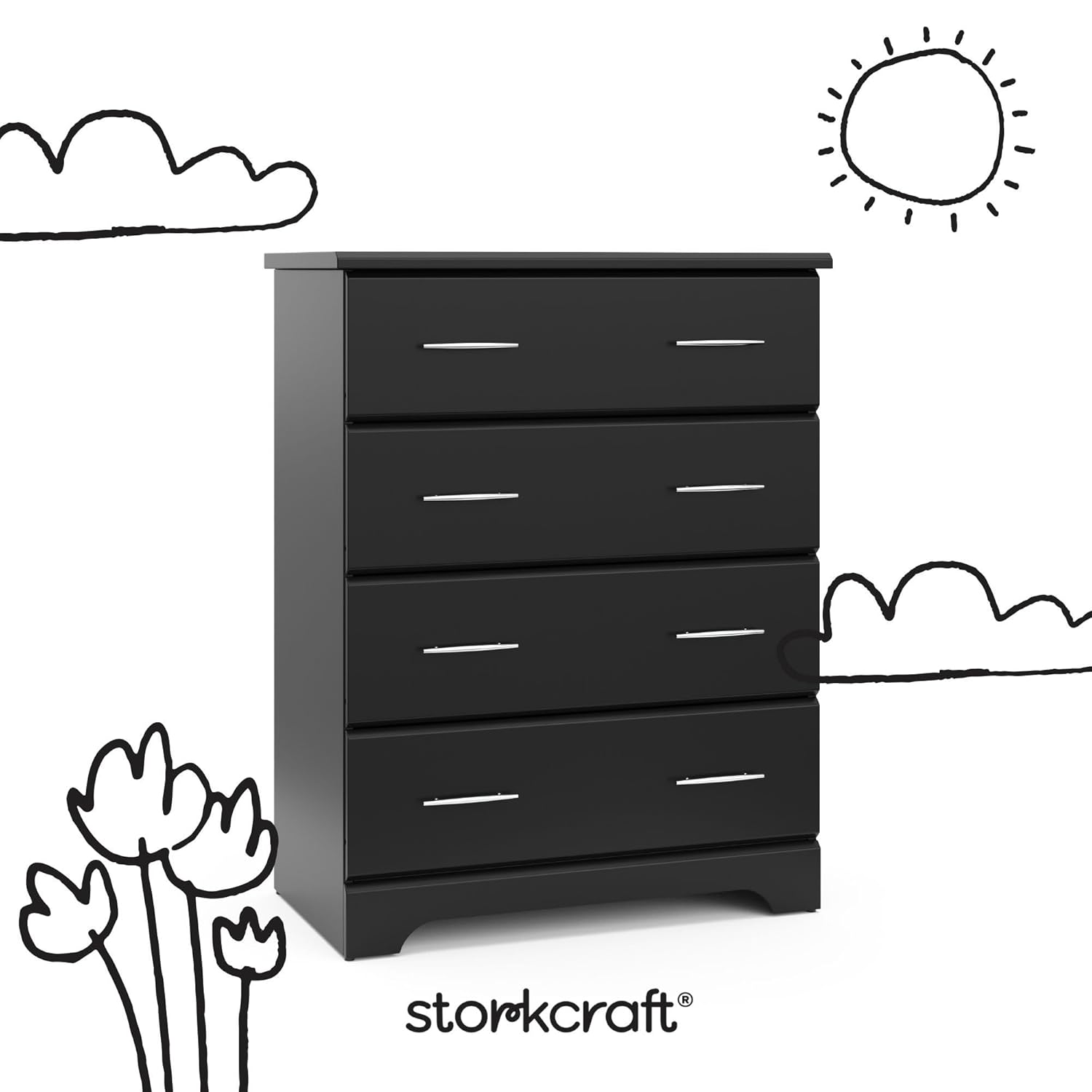 Storkcraft Brookside 4 Drawer Dresser (Black) – GREENGUARD Gold Certified, Nursery Dresser for Kids Bedroom, Chest of Drawers