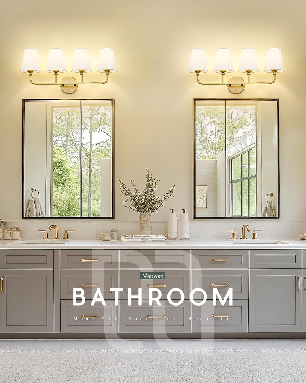 Bathroom Light Fixtures, 4 Light Brushed Gold Vanity Lights with Flared White Fabric Shade, 28 Inch Wall Sconce, Modern Sconces Wall Lighting for Hallway Bedroom, VL837-BG-4