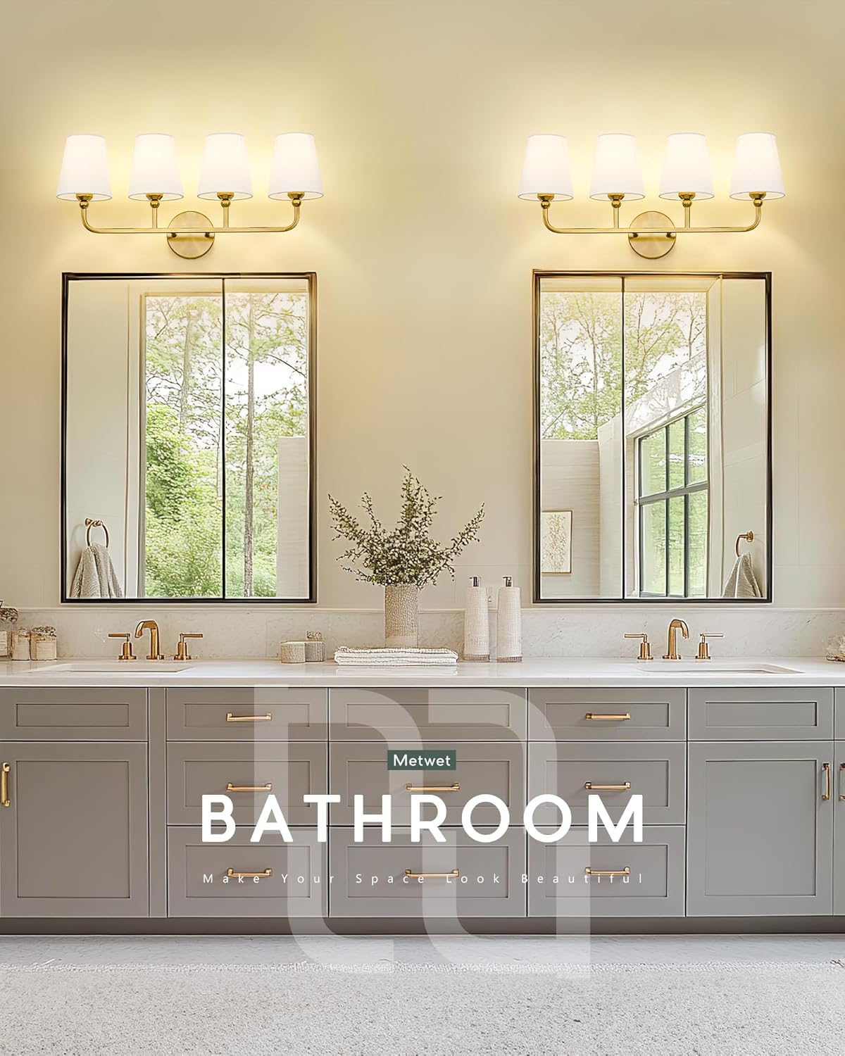 Bathroom Light Fixtures, 4 Light Brushed Gold Vanity Lights with Flared White Fabric Shade, 28 Inch Wall Sconce, Modern Sconces Wall Lighting for Hallway Bedroom, VL837-BG-4
