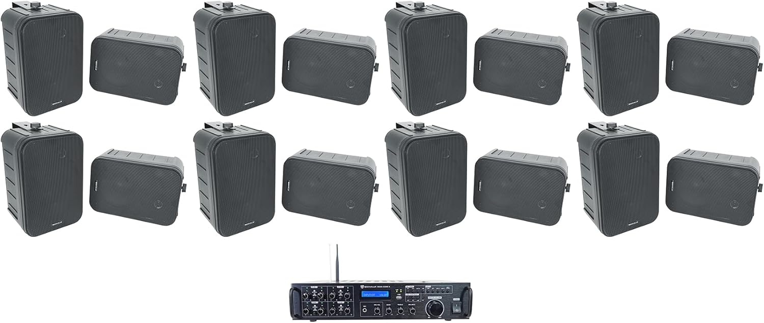 Rockville Rock Zone 8 Bundle: 8-Channel 8-Zone 1000W RMS Multi Room Receiver Amplifier, (16) HP65S-8 6.5 in 500W Peak/ 160W RMS Indoor Outdoor Swivel Home Theater Speakers 8-Ohm, 17-Items