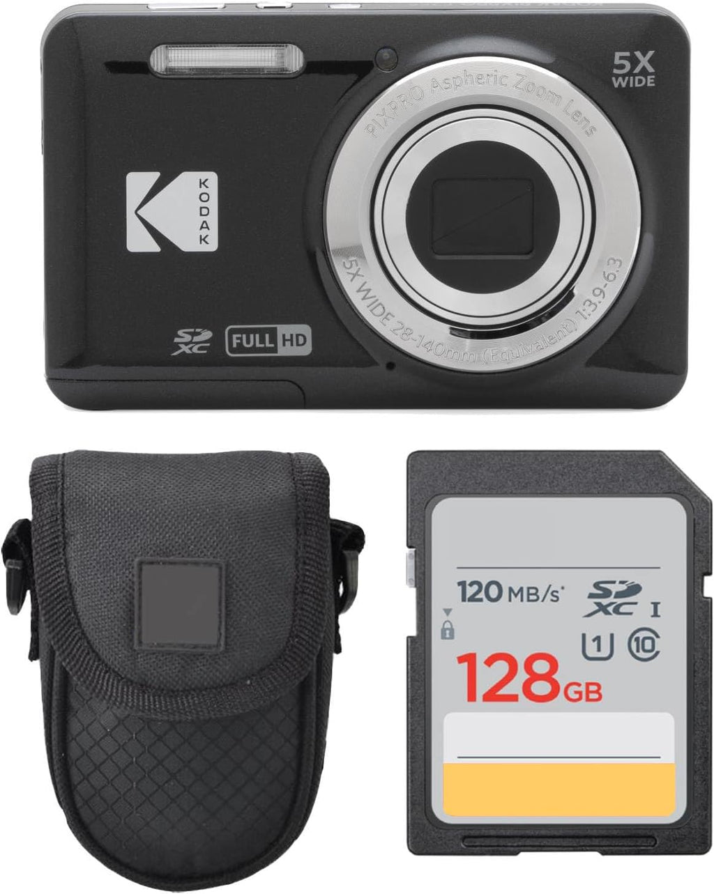 Kodak PIXPRO FZ55 Digital Camera (Black) + Point & Shoot Camera Case + Sandisk 128GB SDXC Memory Card