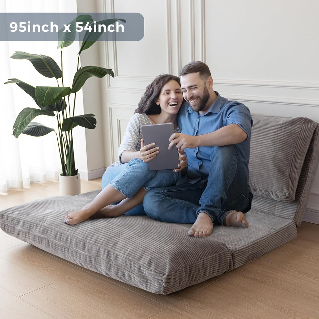 MAXYOYO Folding Sofa Bed, Extra Thick and Long Floor Sofa Convertible Sleeper Chair with Washable Cover, Floor Couch Lounge Bean Bag Bed for Living Room, Grey, 54x95 Inch