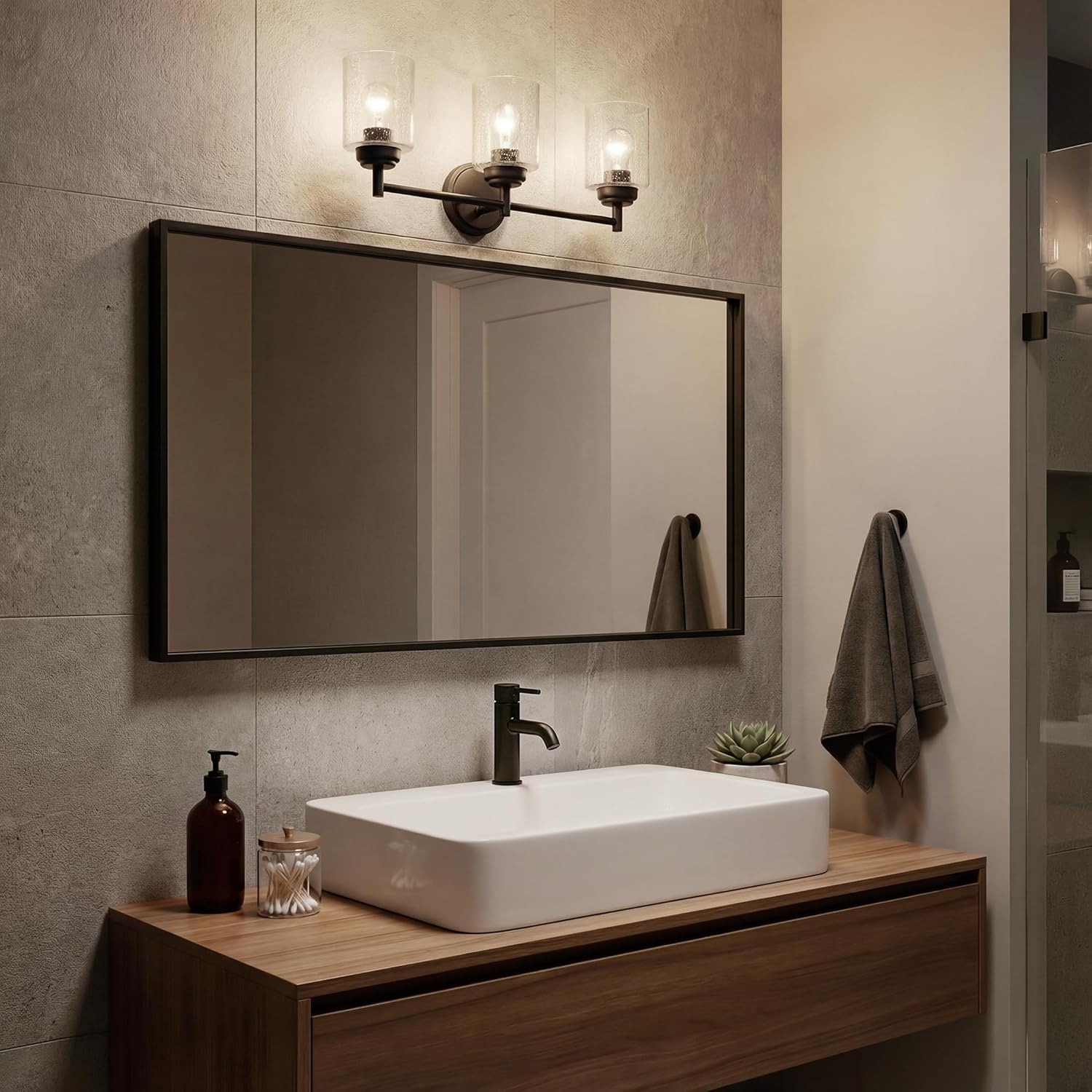 Kichler Winslow 21.5" 3-Light Bathroom Vanity Light Fixture with Clear Seeded Glass in Black, Modern Wall Mount Lighting for Mirror over Vanity in Bathroom, 45886BK