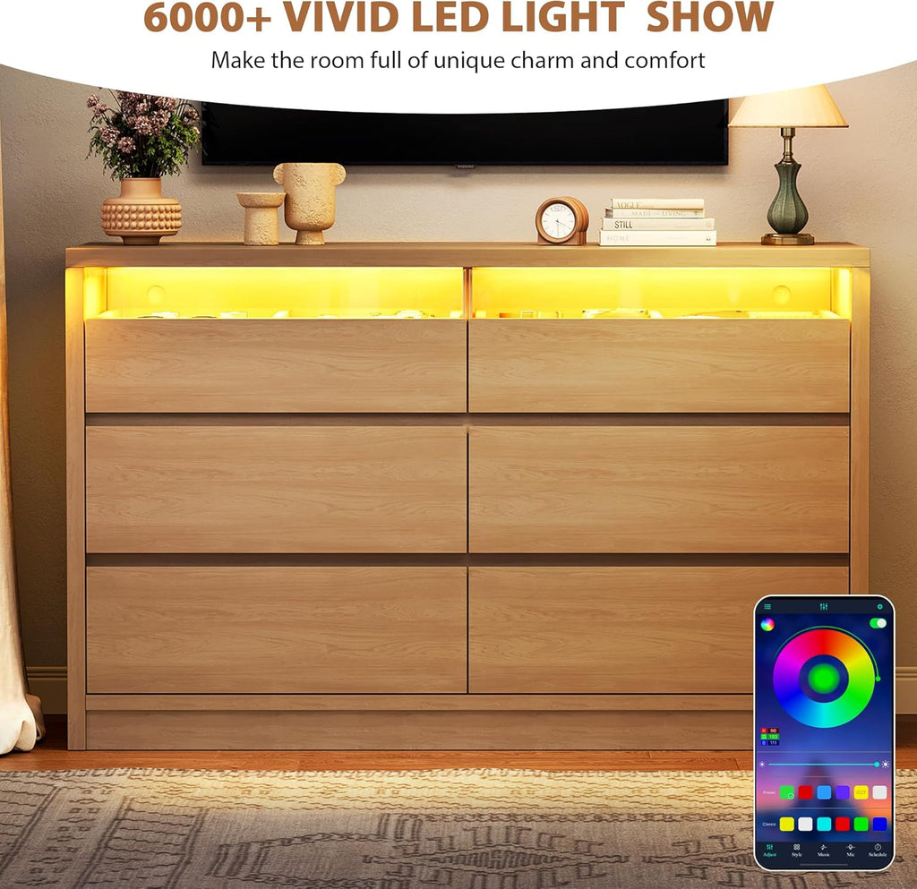 Jocoevol Modern LED 6 Drawer Dresser for Bedroom, Large Chest of Drawers with Hidden Handles, Long Double Wooden Dresser Closet for Living Room, Entryway, Hallway - Natural Oak