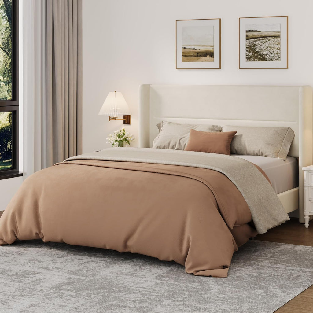 Garvee Queen Size Bed Frame with Wingback Headboard, Velvet Upholstered Platform Bedframe with Wood Slats, No Box Spring Needed, Easy Assembly, Beige