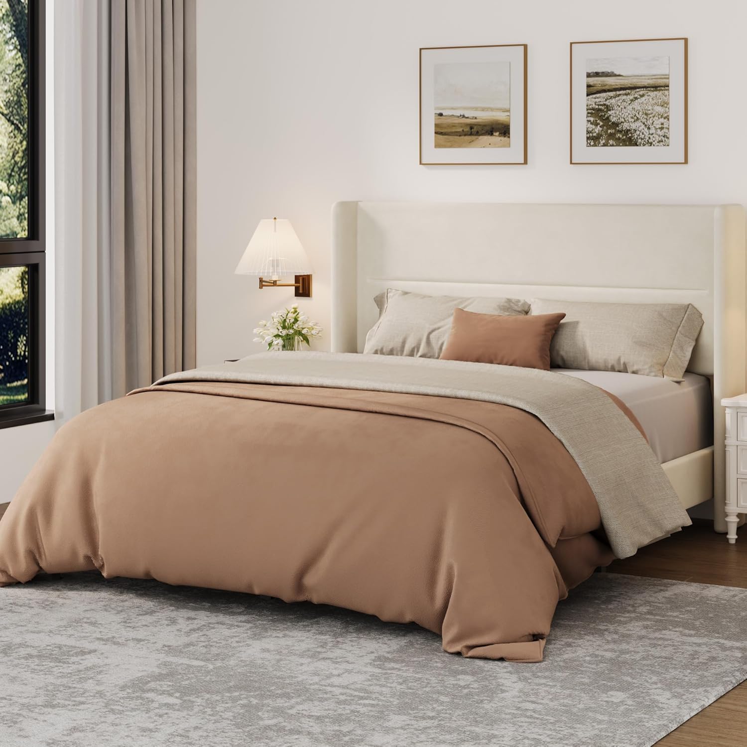 Garvee Queen Size Bed Frame with Wingback Headboard, Velvet Upholstered Platform Bedframe with Wood Slats, No Box Spring Needed, Easy Assembly, Beige
