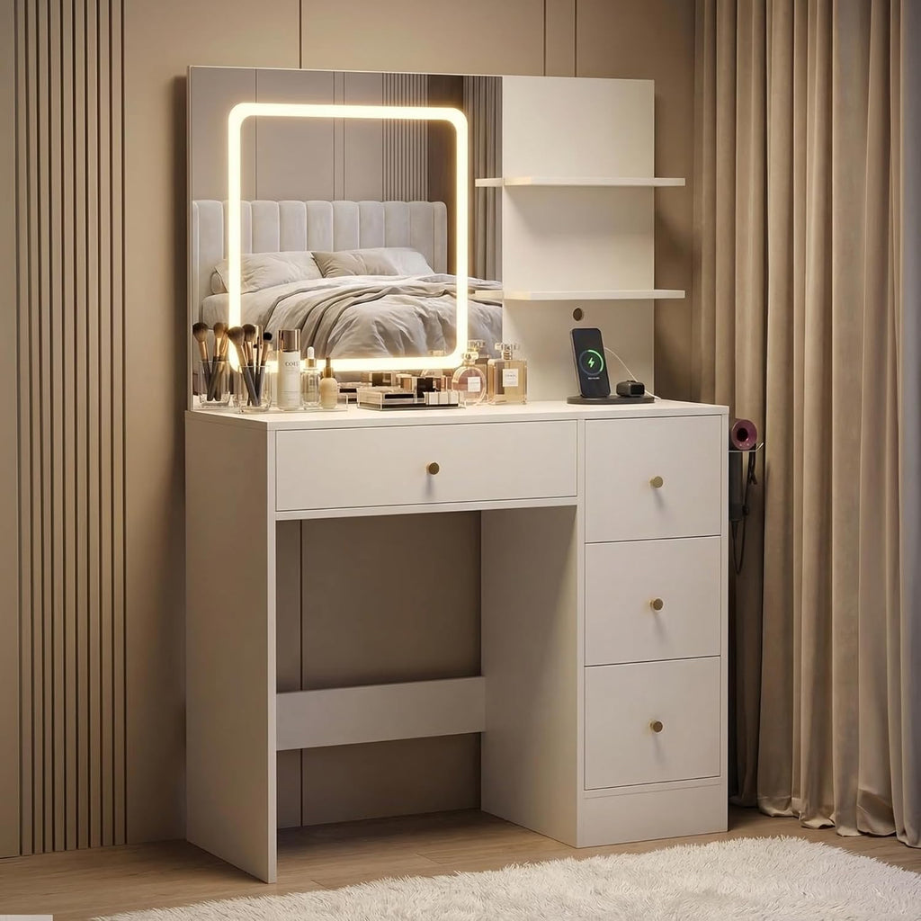 Makeup Vanity Desk with Mirror and Lights, 37" White Vanity Desk with Power Outlet & USB, 3 Modes Dimmable LED Mirror with 4 Drawers, Modern Vanity Table for Bedroom