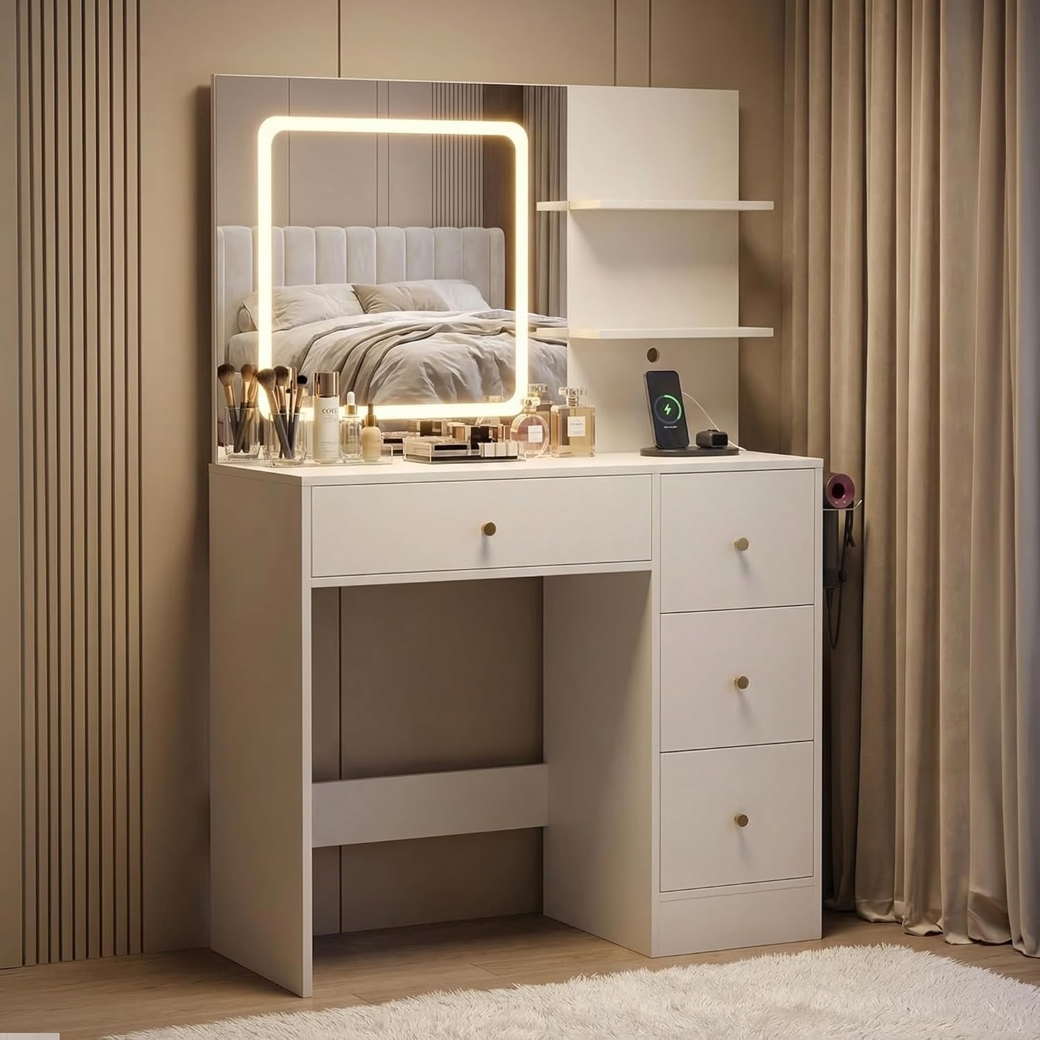 Makeup Vanity Desk with Mirror and Lights, 37" White Vanity Desk with Power Outlet & USB, 3 Modes Dimmable LED Mirror with 4 Drawers, Modern Vanity Table for Bedroom