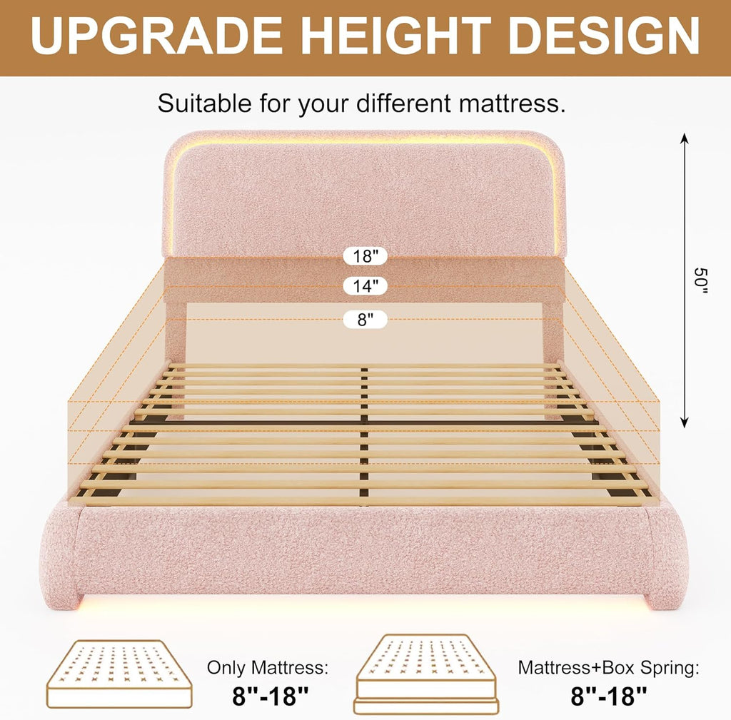Queen Bed Frame, Soft Teddy Fleece Upholstered Platform Bedframe with Thickened Rounded Corners Headboard Footboard, Modern Curved Shaped Cloud Bed Frame with LED Lights, No Box Spring Needed, Pink