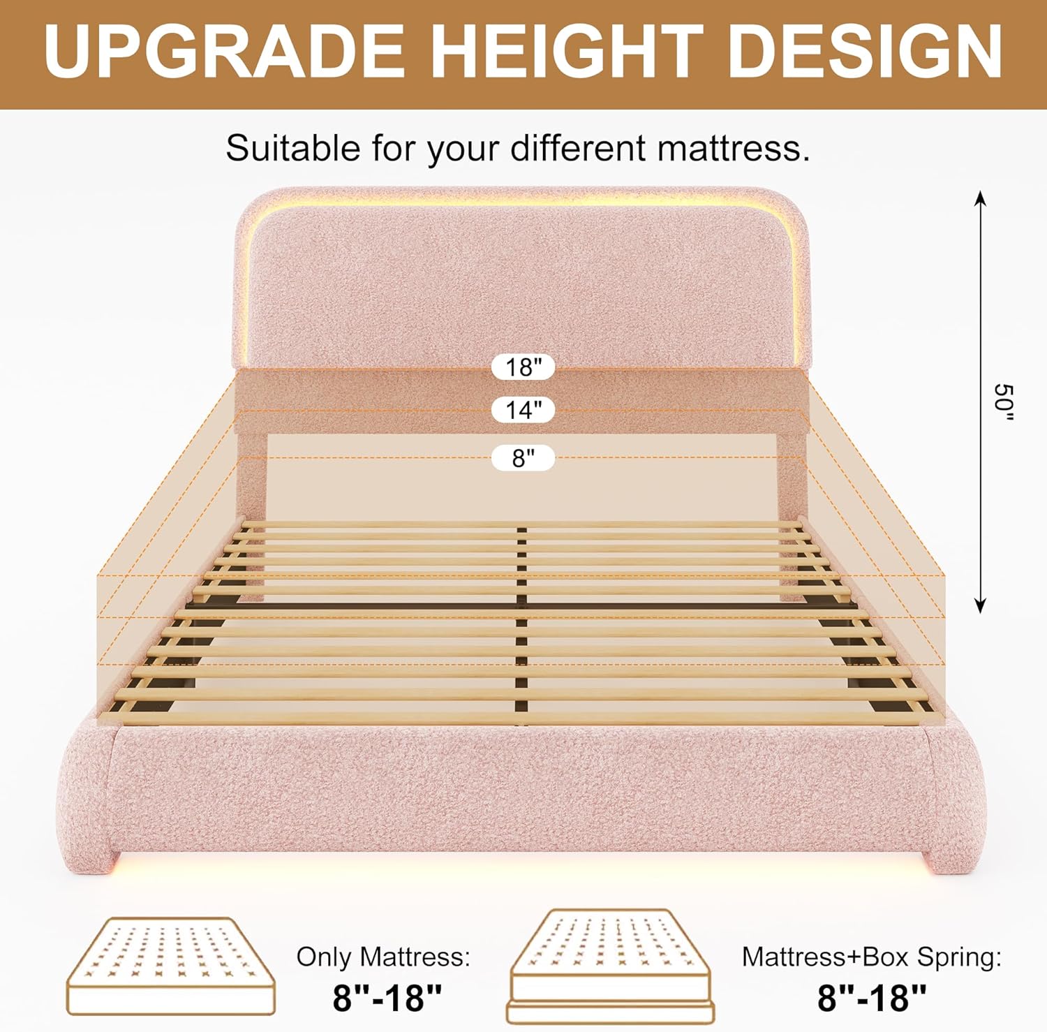 Queen Bed Frame, Soft Teddy Fleece Upholstered Platform Bedframe with Thickened Rounded Corners Headboard Footboard, Modern Curved Shaped Cloud Bed Frame with LED Lights, No Box Spring Needed, Pink