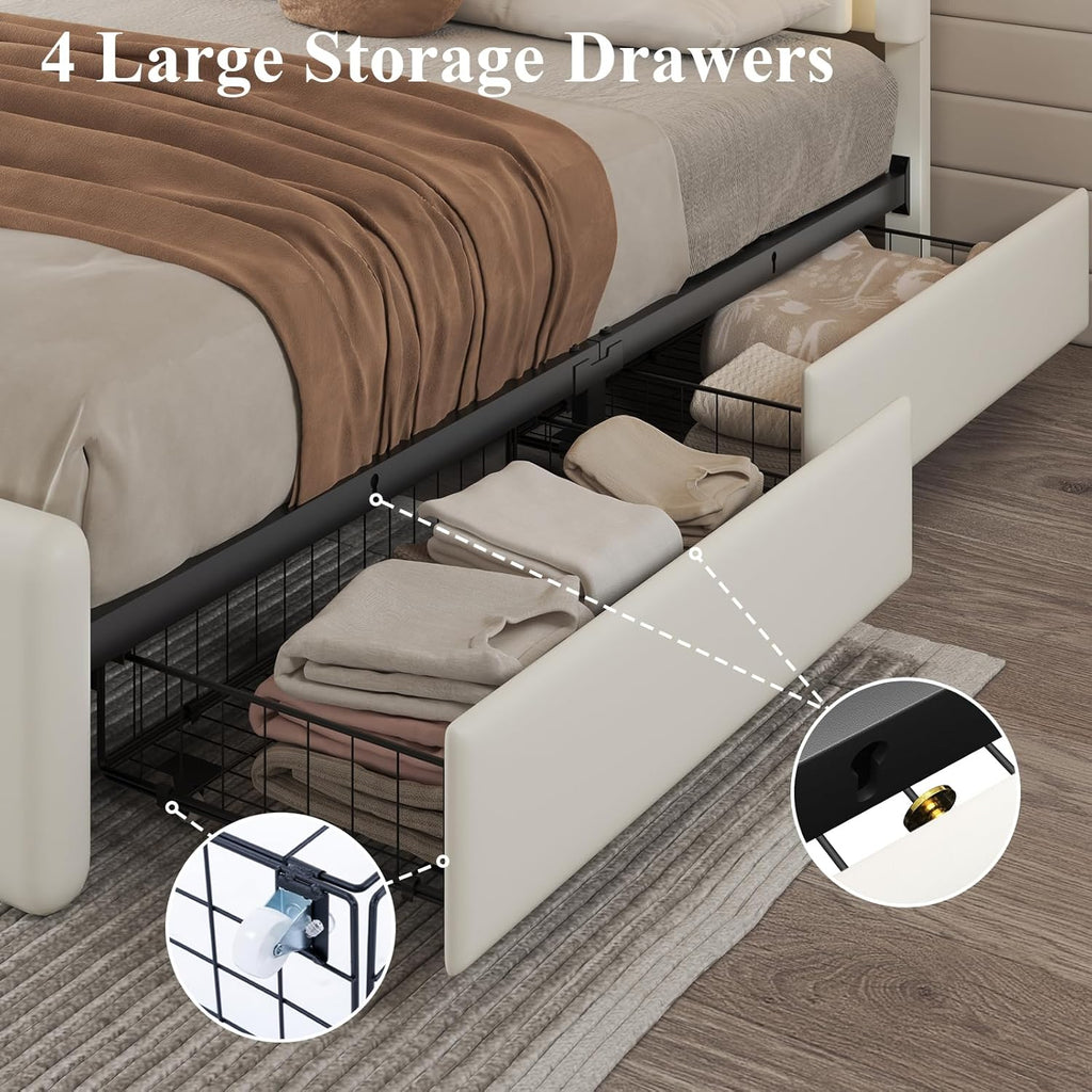 LoVinson Queen Size Bed Frame with 4 Storage Drawers, Charging Station and LED Light, Adjustable Upholstered Headboard, Noise-Free, No Box Spring Needed, Easy Assembly, White