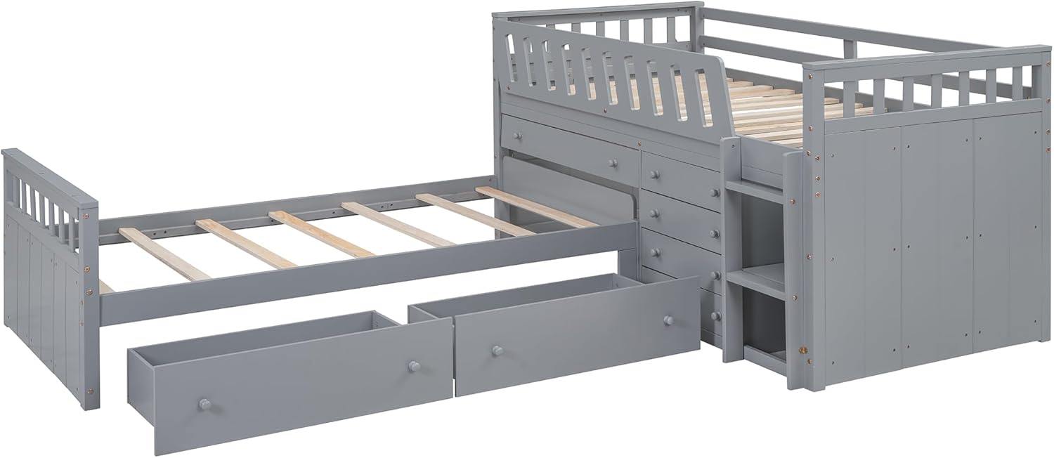 Merax L-Shaped Space-Saving Twin Loft and Twin Platform Bed with 7 Storage Drawers and Full Guardrails, Solid Wooden Bedframe for Boys Girls Adult, No Spring Box Needed, Grey