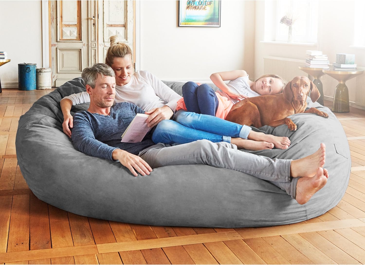 Lumaland Luxurious Giant 7ft Bean Bag Chair with Microsuede Cover - Ultra Soft, Foam Filling, Washable XXL Sofa for Kids, Teenagers, Adults Sack Dorm, Family Room Dark Grey