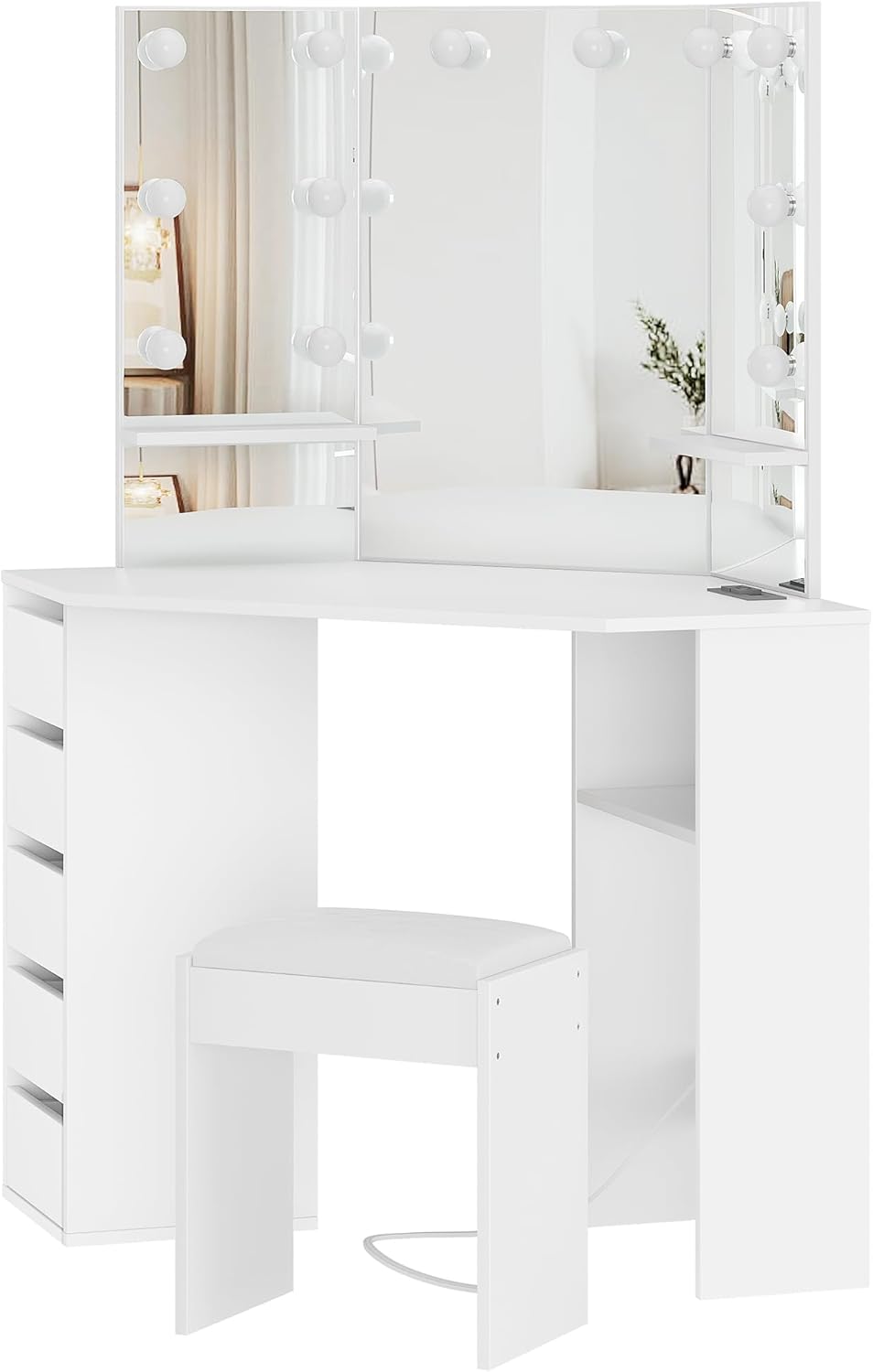 Garvee Corner Vanity Desk and Bench, Makeup Vanity Table with 3-Folding Lighted Mirrors, Charging Station, 5 Drawers for Bedroom