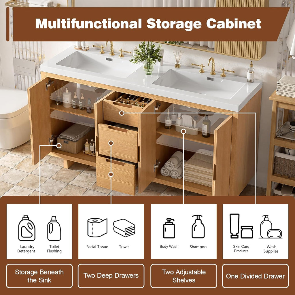 59.3-Inch Bathroom Vanity with SMC Resin Top, 4 Doors & 3 Drawers, Handle-Free, Soft-Close Hinges, Wood, MDF