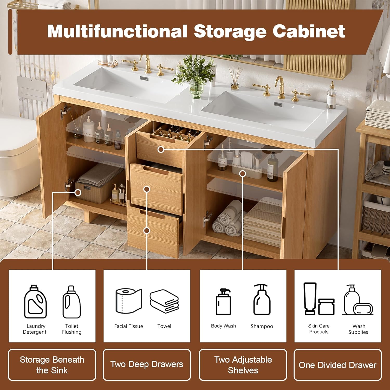 59.3-Inch Bathroom Vanity with SMC Resin Top, 4 Doors & 3 Drawers, Handle-Free, Soft-Close Hinges, Wood, MDF