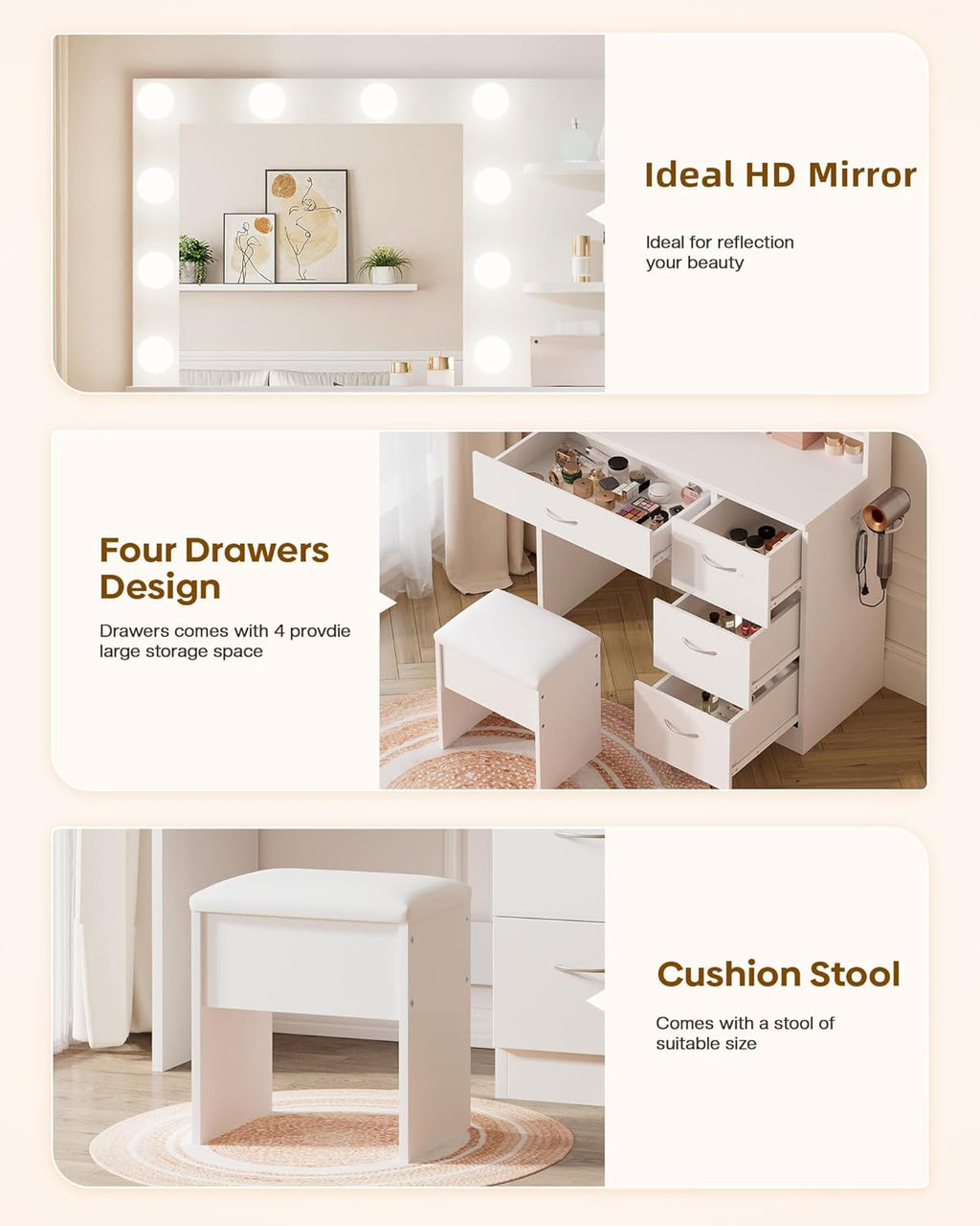 LIVELYGLOW White Makeup Vanity with HD Mirror & 10 LED Bulbs, 34.3" Dressing Table with Charging Station, 4 Drawers, Hairdryer Rack & Cushion Stool, Modern Bedroom Vanity Set