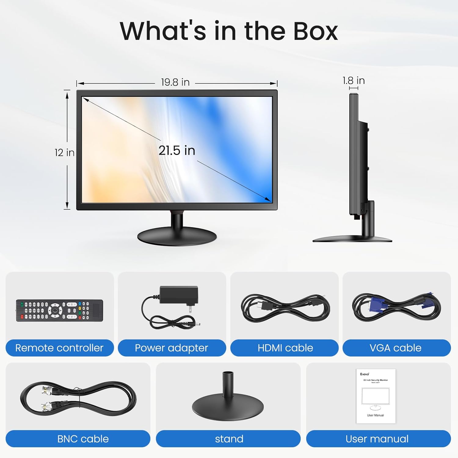 Eyoyo Security Camera Monitor 22-inch, 1080P FHD 75Hz LED PC Screen with HDMI VGA AV BNC USB Inputs, Built- in Speakers, Video Monitor for CCTV NVR DVR