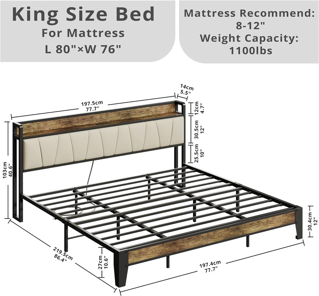 LIKIMIO King Bed Frame, Storage Headboard with Charging Station, Solid and Stable, Noise Free, No Box Spring Needed, Easy Assembly (Walnut and Beige)
