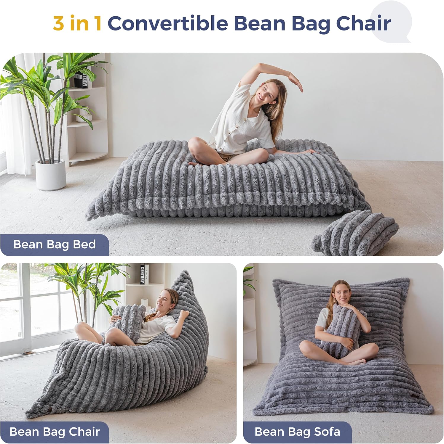 MAXYOYO Giant Bean Bag Chair with Pillow, 3 in 1 Convertible Bean Bag Chair for Adults with Washable Cover, Floor Cushion Stuffed Floor Lounger for Living Room Bedroom, Grey, Full