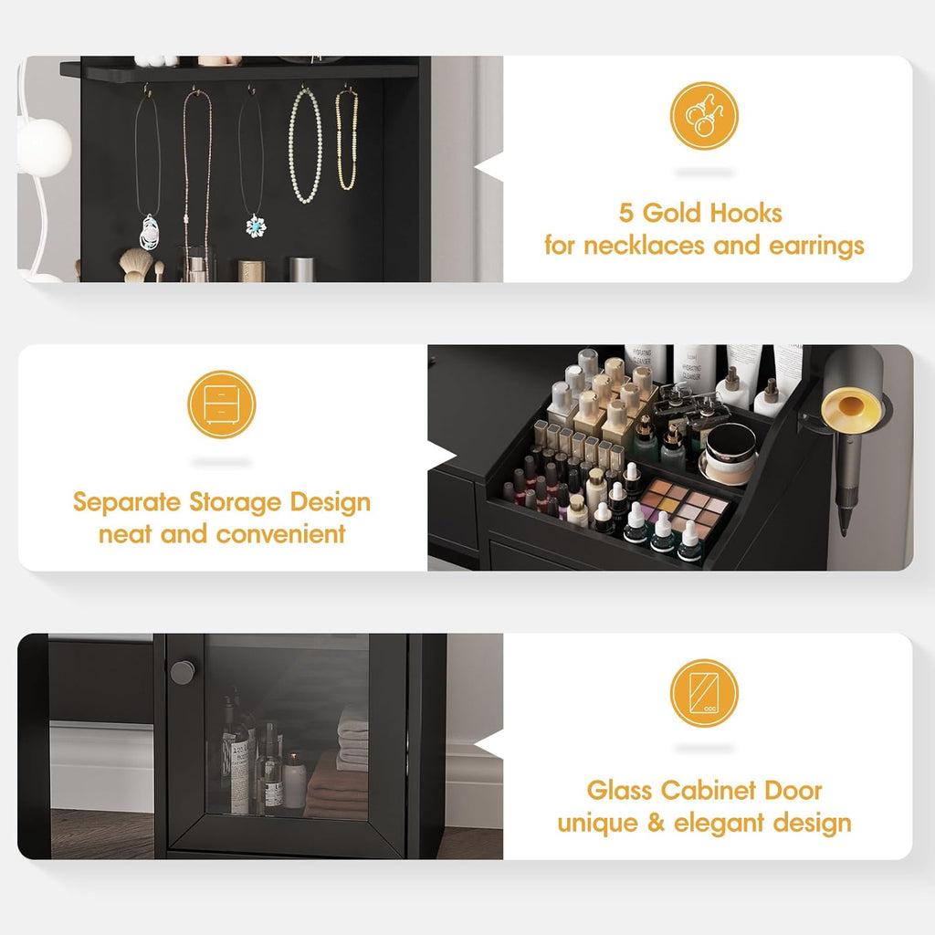 Vabches Vanity with Mirror and Lights,Makeup Vanity Table with Charging Station,Dressing Table with Stool & 3 Storage Compartments,3 Color Modes Available for Bedroom,Black