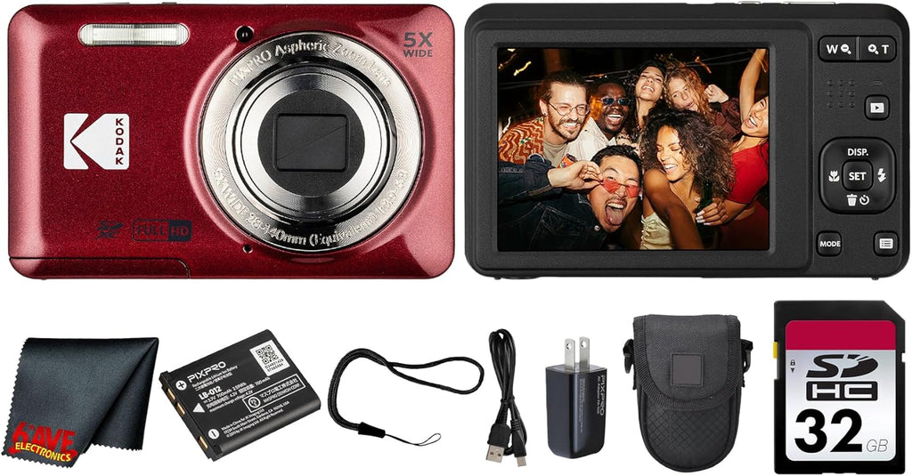 Kodak PIXPRO FZ55 Digital Camera (Red) | 16MP Sensor, 5X Optical Zoom, 28mm Wide-Angle Lens & Full HD Video | Great for Travel & Beginner Photography (FZ55RD) + 32GB Card + Case + Cleaning Cloth