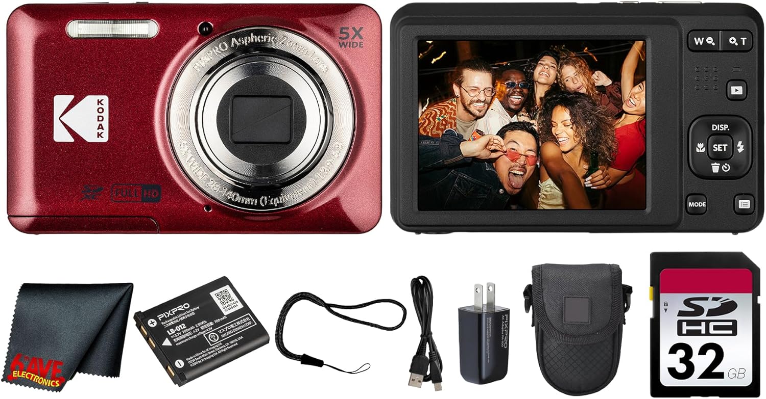 Kodak PIXPRO FZ55 Digital Camera (Red) | 16MP Sensor, 5X Optical Zoom, 28mm Wide-Angle Lens & Full HD Video | Great for Travel & Beginner Photography (FZ55RD) + 32GB Card + Case + Cleaning Cloth