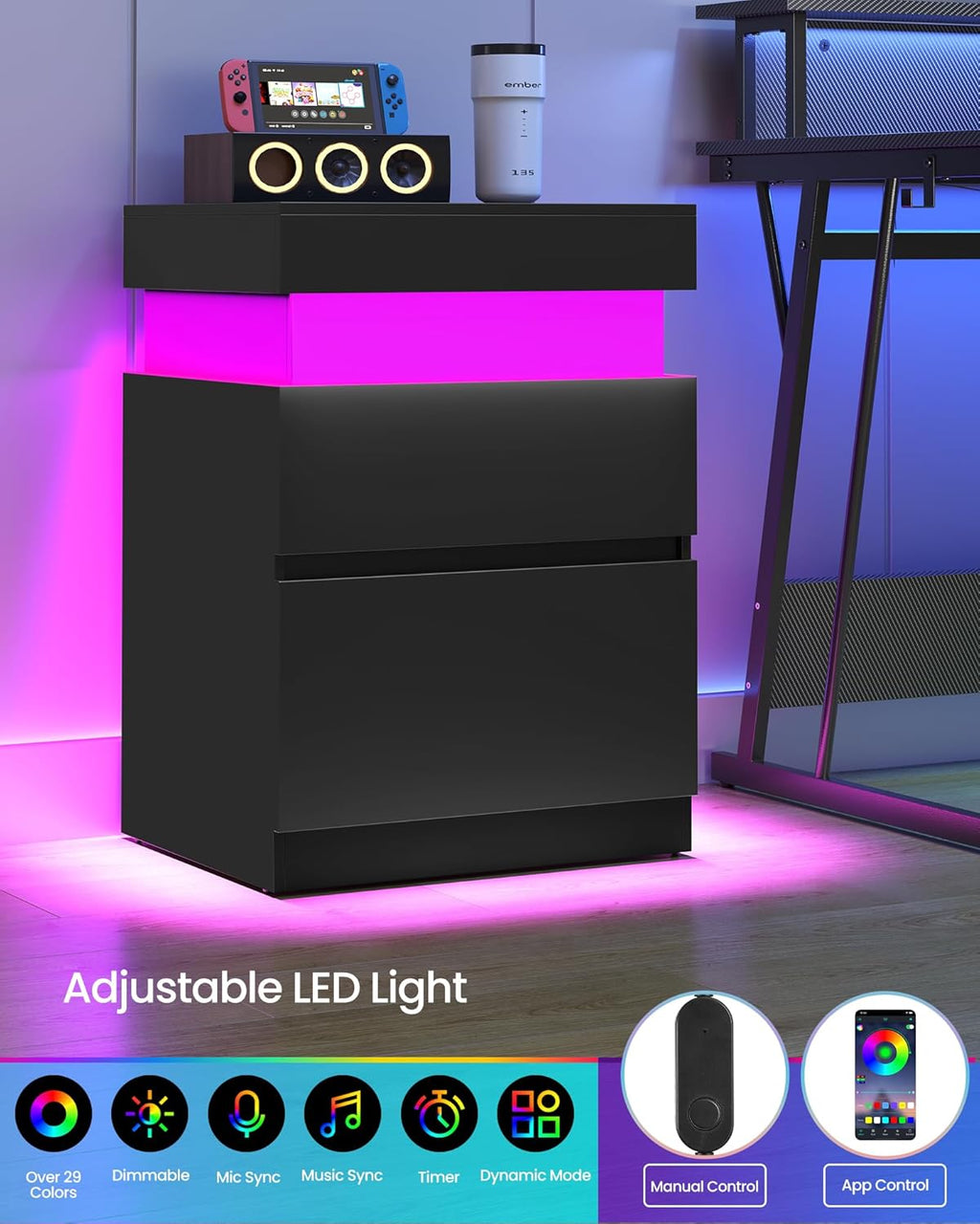 VASAGLE Kailyn Collection - Nightstands with Power Outlets, Sliding Lid, Modern Bedside Tables with LED Lights, End Tables, 2 Drawers, Set of 2, 15.7 x 18.9 x 26.8 Inches, Ink Black ULET650BC01S-2J