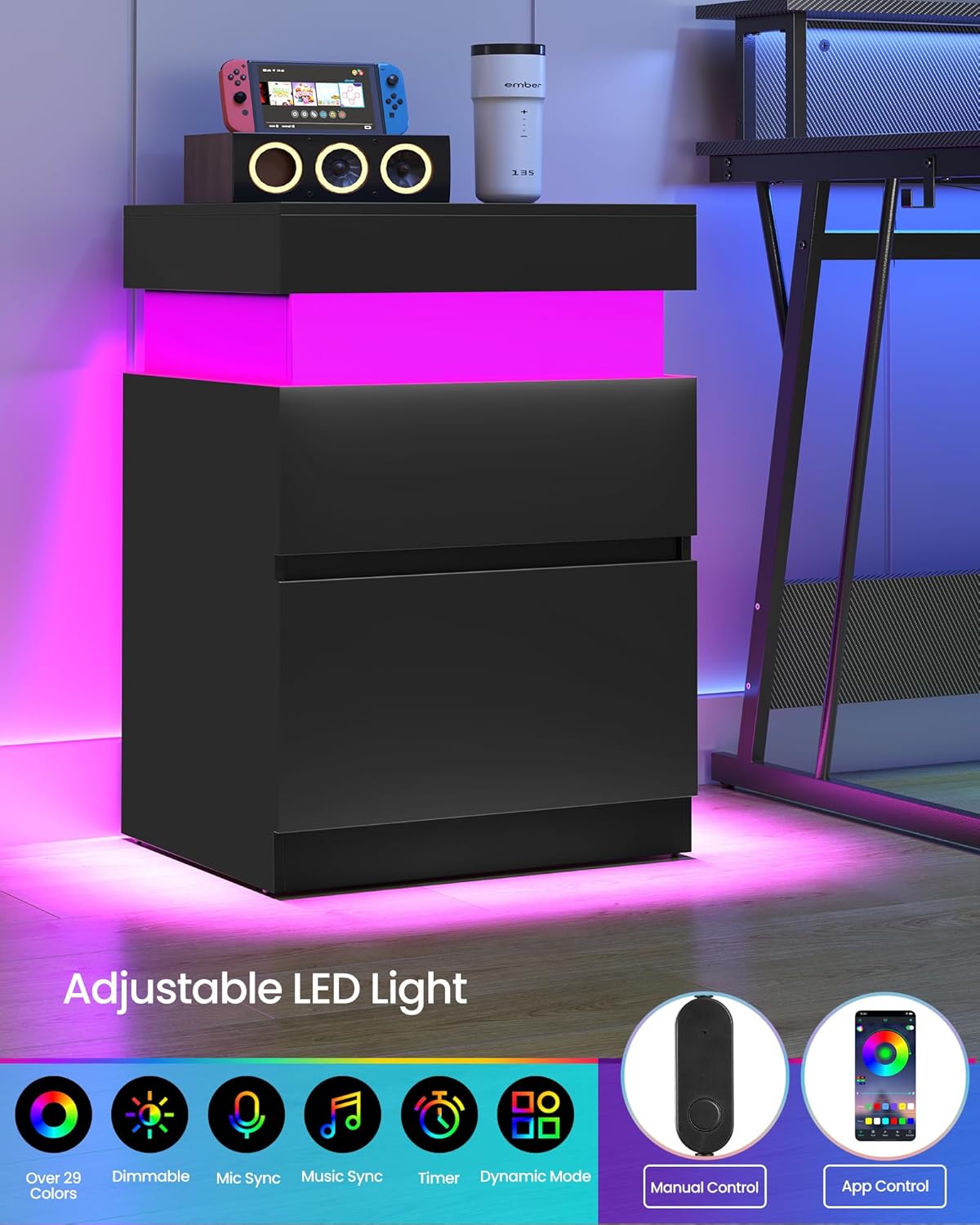 VASAGLE Kailyn Collection - Nightstands with Power Outlets, Sliding Lid, Modern Bedside Tables with LED Lights, End Tables, 2 Drawers, Set of 2, 15.7 x 18.9 x 26.8 Inches, Ink Black ULET650BC01S-2J