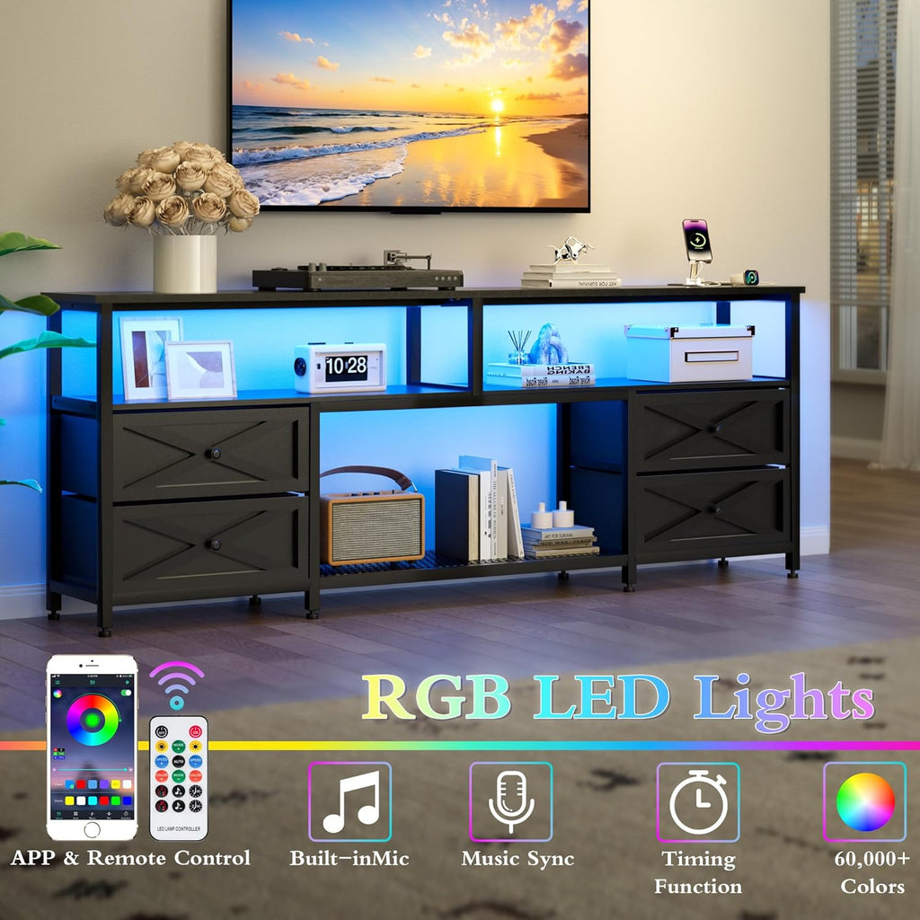 JUSTOGO TV Stand with Fabric Drawers for 65 70 75 Inches TV - Entertainment Center with Open Storage Shelf, Power Outlets & LED Lights for Living Room, Bedroom, 63" TV Console Media Console, Black