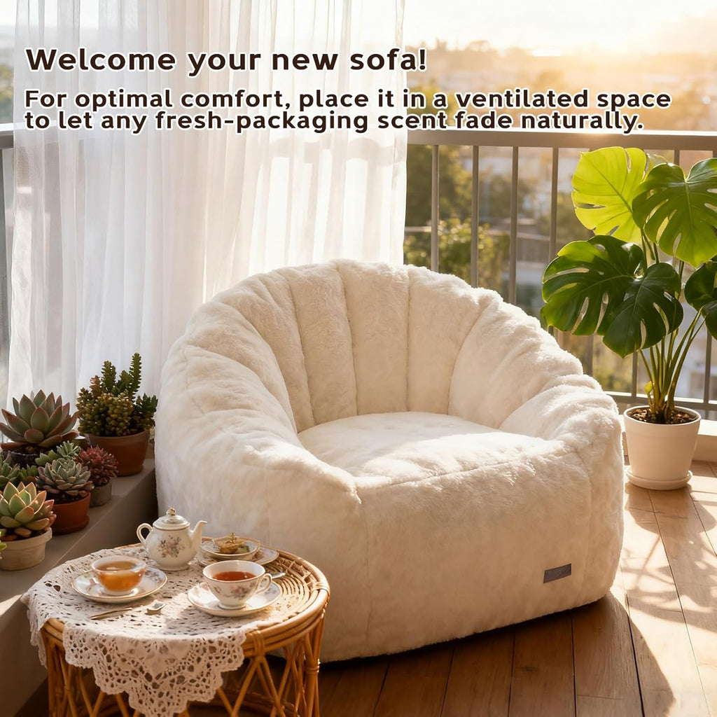 Giant Bean Bag Chair for Adults, Teens and Kids, Cozy Fluffy Corduroy Beanbag Chair with Filler, Large Floor Lounge Sofa for Living Room, Bedroom, Dorm, Gaming and Reading(L-Ivory)