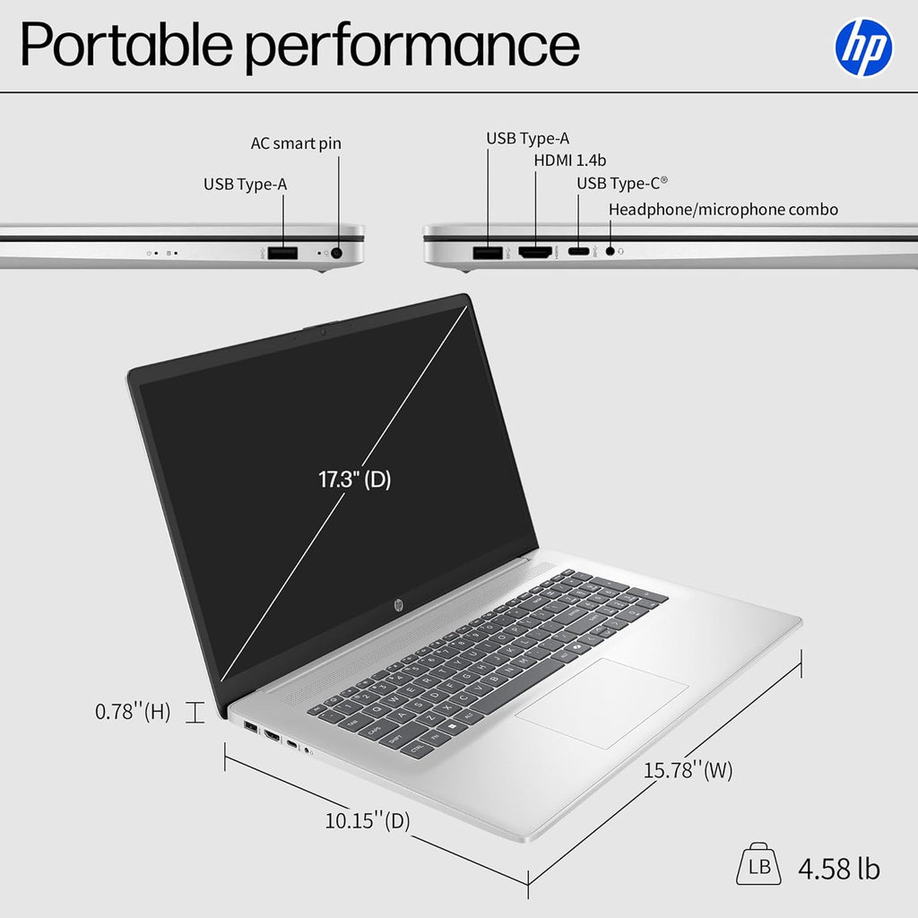HP 17 inch Laptop 2026 for Business Student, Windows 11 Pro, 16GB RAM, 512GB SSD, AMD Ryzen 5 7430U, 17.3" Anti-Glare FHD IPS Display, AMD Radeon Graphics, Copilot Key, Bluetooth 5.4, w/Accessories
