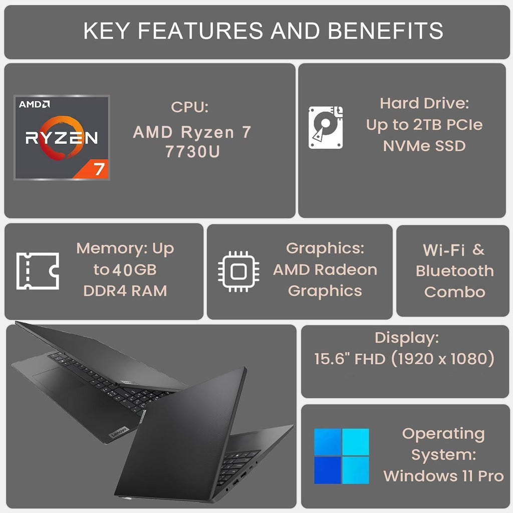 Lenovo V-Series V15 Business Laptop, 15.6" FHD Display, AMD Ryzen 7 7730U, 16GB RAM, 512GB SSD, Numeric Keypad, HDMI, RJ45, Webcam, Wi-Fi 6, Windows 11 Pro, Grey (Renewed)