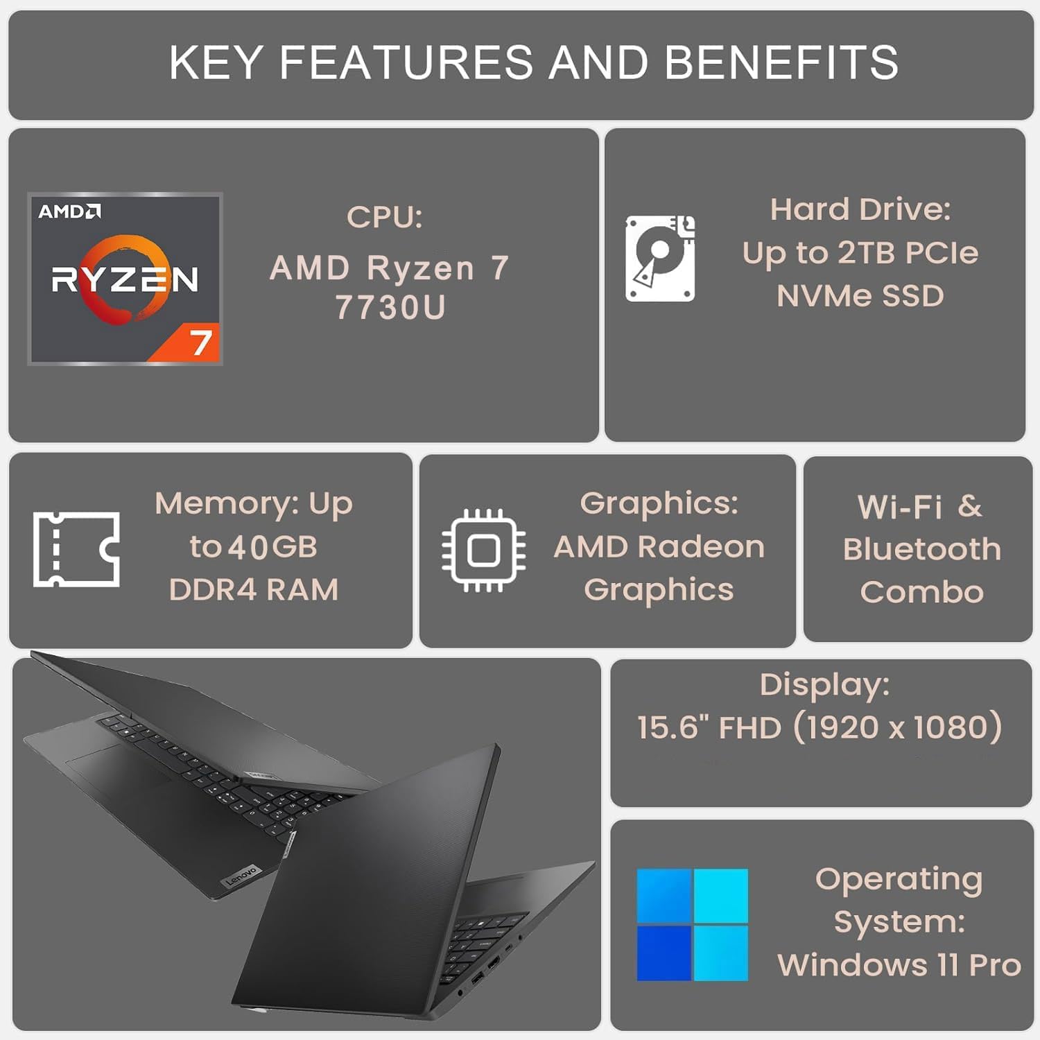 Lenovo V-Series V15 Business Laptop, 15.6" FHD Display, AMD Ryzen 7 7730U, 16GB RAM, 512GB SSD, Numeric Keypad, HDMI, RJ45, Webcam, Wi-Fi 6, Windows 11 Pro, Grey (Renewed)